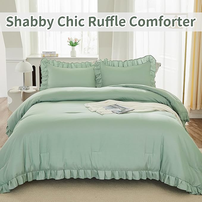 Andency Sage Green Twin Comforter Set, 2 Pieces Kids Ruffle Comforter Set Twin(66x90Inch), Farmhouse Shabby Chic Comforter Set, Soft Microfiber Kids Bedding Set
