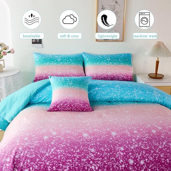URBONUR Girls Comforter Set Full Size Gradient Glitter Purple Orange Teal Sparkle Bedding Comforter with Sheets Set 6 Piece Bed-in-a-bag Light Weight All Season Easy Care Bed Set