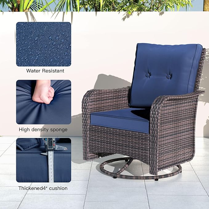Kullavik 10PCS Outdoor Patio Furniture Set,PE Wicker Rattan Sectional Sofa Patio Conversation Sets with 43" 55000BTU Gas Propane Fire Pit Table,Swivel Rocking Chairs Set,Dark Blue