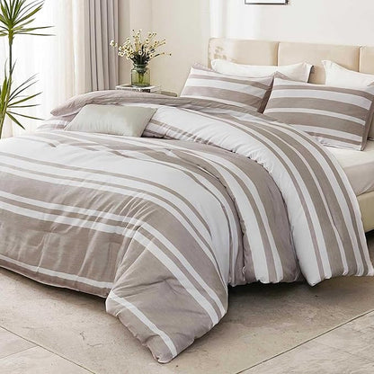 Bedsure Bed in a Bag Queen Size 7 Pieces, Light Camel White Striped Bedding Comforter Sets All Season Bed Set Khaki, 2 Pillow Shams, Flat Sheet, Fitted Sheet and 2 Pillowcases
