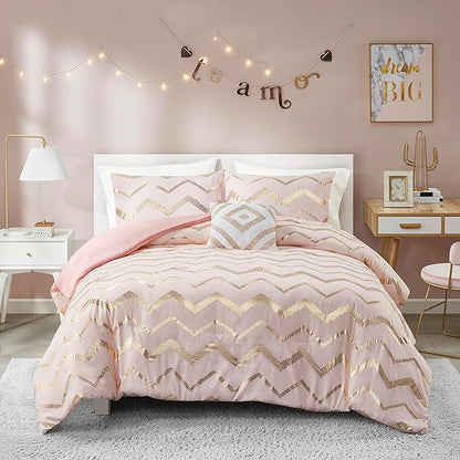 Codi King Size Bedding Sets Pink - Metallic Print Blush Comforter Set - 4 Piece includes 1 Rose Gold Comforter, 1 Decorative Pillow, 2 Pillow Cases - All Seasons Warm
