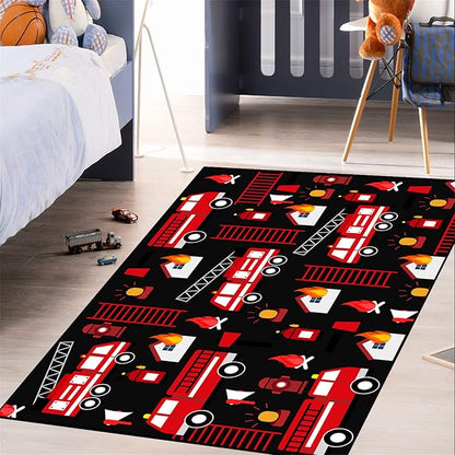 Car Play Rug Fire Fighting Truck Area Rug Car Rug Play Mat Kids Rugs for Playroomcar Rug for Boys Room Carpet Floor Mat for Bedroom Living Room,Black 4'5''×6'