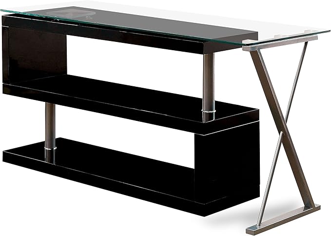 Furniture of America Lilliana S-Shaped Glass-Top Office Desk, Black