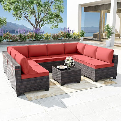 Patio Furniture Set 9-Pieces Outdoor Furniture for Backyard Wicker Sectional Sofa Set, Rattan Patio Conversation Set with Thickened Cushions and Glass Coffee Table, Red