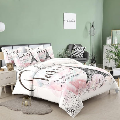 Bodhi Full Size Paris Comforter Set,Girls Pink bedding set,Cartoon eiffel tower Comforter Set,Girls Comforter with Matching Pillowcase,Pink Girls Bed Set Full Size