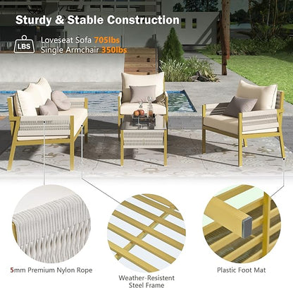 4-Piece Patio Conversation Furniture Set, Rope Weave Outdoor Loveseat Sofa with 2 Armchairs, Thick Cushion&Tempered Glass Table, for Garden Backyard, Onesize, Beige+Mustard Yellow