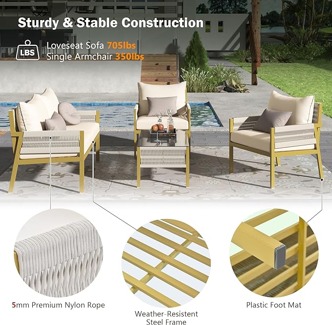 4 Piece Patio Furniture Set, Outdoor FSC Certified Acacia Wood Conversation Set, All-Weather Rope Sofa Set w/Tempered Glass Table, Loveseat for Lawn Balcony Poolside, Backyard, Backyard