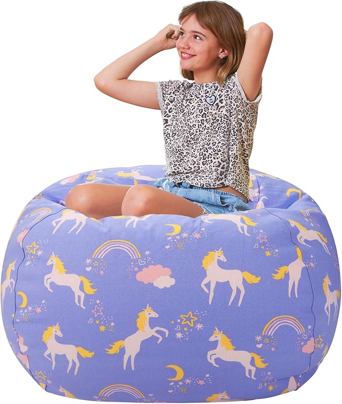 Aubliss Stuffed Animal Bean Bag Storage Chair (Light Blue Unicorn, Large (38''))