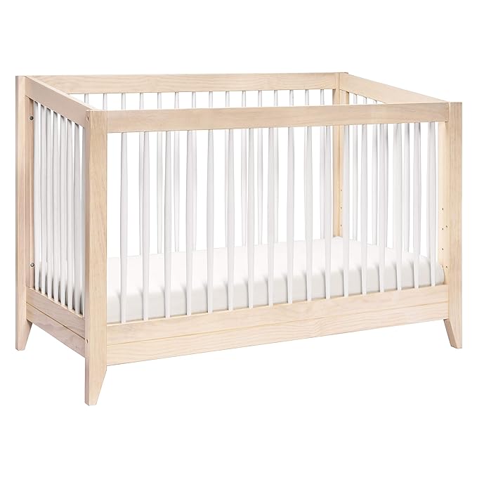Babyletto Sprout 4-in-1 Convertible Crib with Toddler Bed Conversion Kit in Washed Natural and White, Greenguard Gold Certified