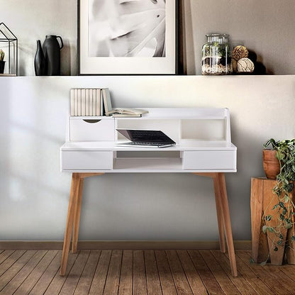 Teamson Home Creativo Writing Study Computer Desk with Solid Wood Legs, Storage Drawers and Open Shelves Hutch for Home Office Living Room Reading Bedroom, 37 inch Height, White