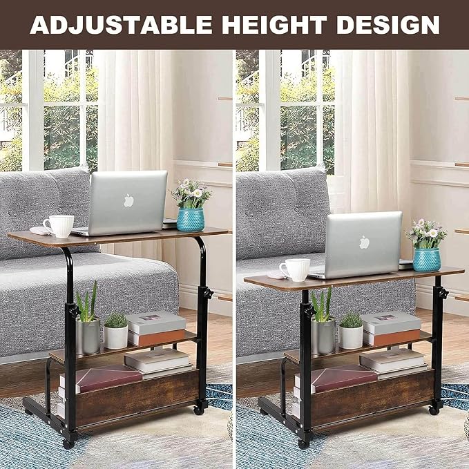 Adjustable Home Office Computer Desk Writing Desk with Storage Shelves Simple Style Workstation for Home Office Small Spaces Storage Table with Wheels Mobile Convenient Brownish, XY-1