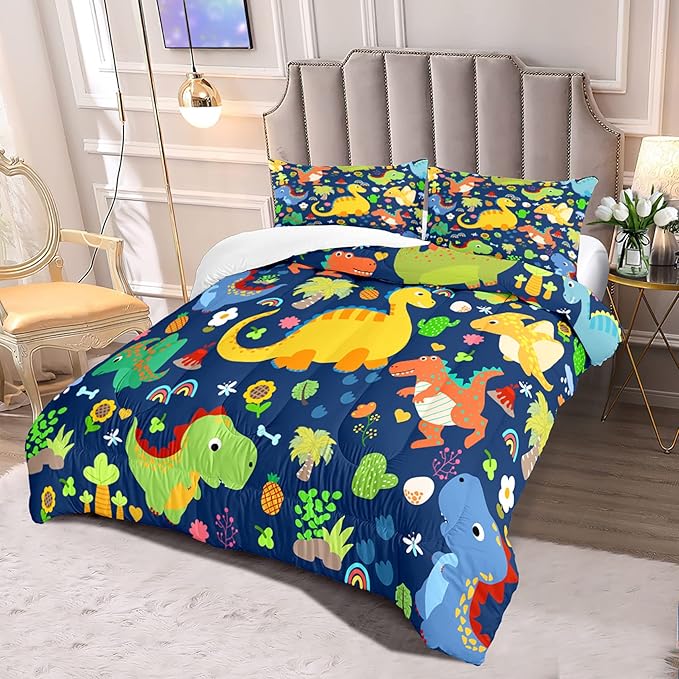 Dinosaur Comforter Set Queen, Dinosaur Bedding Set Queen for Boys Teens Room Dinosaur Blue Queen Size Comforter Sets Boys Queen Comforter Set Bedroom Decor, Queen (1 Comforter 2 Pillowcases)