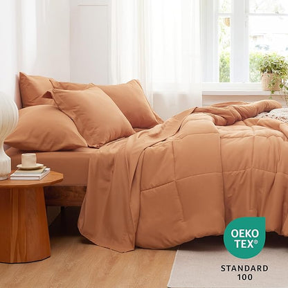 Bedsure Burnt Orange Twin Comforter Set - 5 Pieces Solid Twin Bed in a Bag, Twin Bed Set Burnt Orange with Quilted Warm Fluffy Comforters, Sheets, Pillowcase & Sham