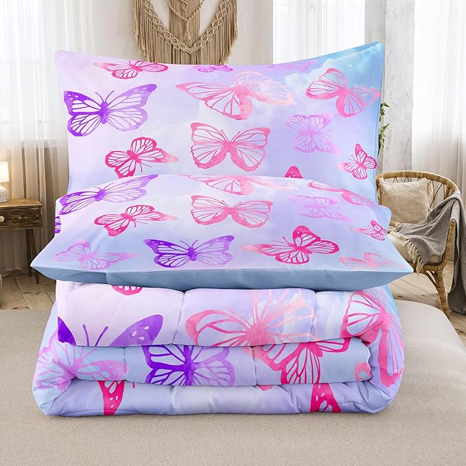 Tailor Shop Butterfly Comforter Sets Full Size,Purple Butterfly Bedding Sets for Girls Kids Teens with 2 Pillowcase…