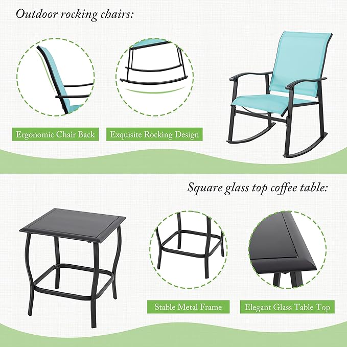 Shintenchi 3 Piece Rocking Bistro Set, Outdoor Furniture with Rocker Chairs and Glass coffee table set of 3, Balcony, Porch Furniture for Small Space, Blue