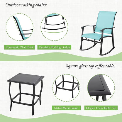 Shintenchi 3 Piece Rocking Bistro Set, Outdoor Furniture with Rocker Chairs and Glass coffee table set of 3, Balcony, Porch Furniture for Small Space, Blue