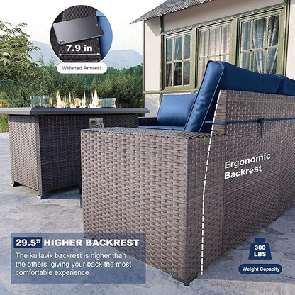 Kullavik 10PCS Outdoor Patio Furniture Set,PE Wicker Rattan Sectional Sofa Patio Conversation Sets with 43" 55000BTU Gas Propane Fire Pit Table,Swivel Rocking Chairs Set,Dark Blue