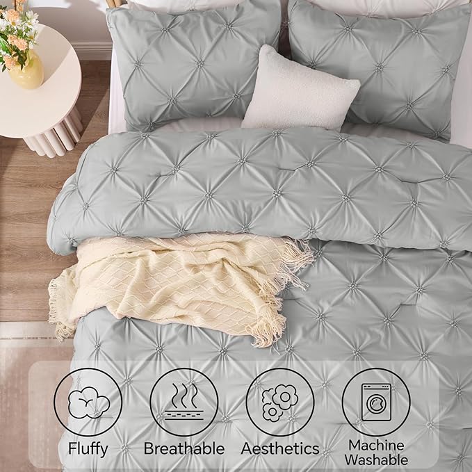 BEDELITE Grey King Size Comforter Set - 3 Pieces Boho Pintuck Bedding Comforter Sets, Lightweight Soft & Warm King Bedding Set with 2 Pillowcases for All Season