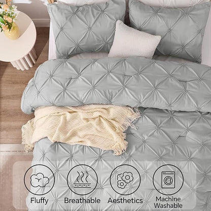 BEDELITE Grey King Size Comforter Set - 3 Pieces Boho Pintuck Bedding Comforter Sets, Lightweight Soft & Warm King Bedding Set with 2 Pillowcases for All Season