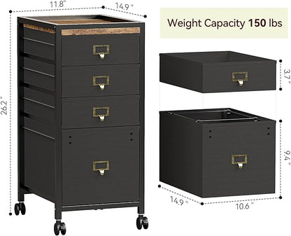 Vertical Mobile Filing Cabinet Fits A4 or Letter Size, Rustic Black