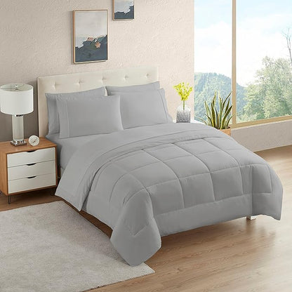 Dorm Room Essentials College Bedding Comforter Set 7 Piece Full Size Bed in a Bag for College Students Boys and Girls, Full, Silver