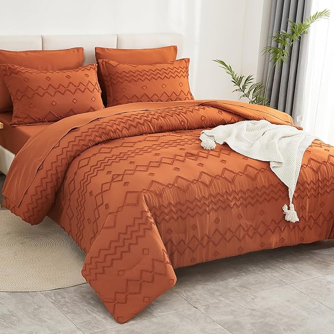 EMME King Comforter Set - 7 Pcs Pumpkin Boho Bedding Sets, King Size Tufted Comforter Set with Sheets, Shabby Chic Embroidery Bed Set Fluffy Bed Bag for All Season(102"X90")