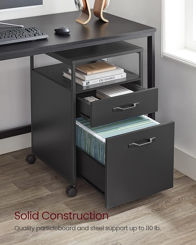 VASAGLE File Cabinet, Mobile Filing Cabinet with Wheels, 2 Drawers, Open Shelf, for A4, Letter Size, Hanging File Folders, Ink Black UOFC071B16