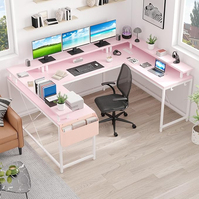 U Shaped Computer Gaming Desk, Reversible L Shaped Desk with Power Outlets, LED Strip & Monitor Stand, Large Corner Desk with Storage Shelves for Home Office,Deep Pink