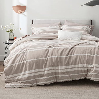Bedsure Bed in a Bag King Size 7 Pieces, Light Camel White Striped Bedding Comforter Sets All Season Bed Set, 2 Pillow Shams, Flat Sheet, Fitted Sheet and 2 Pillowcases