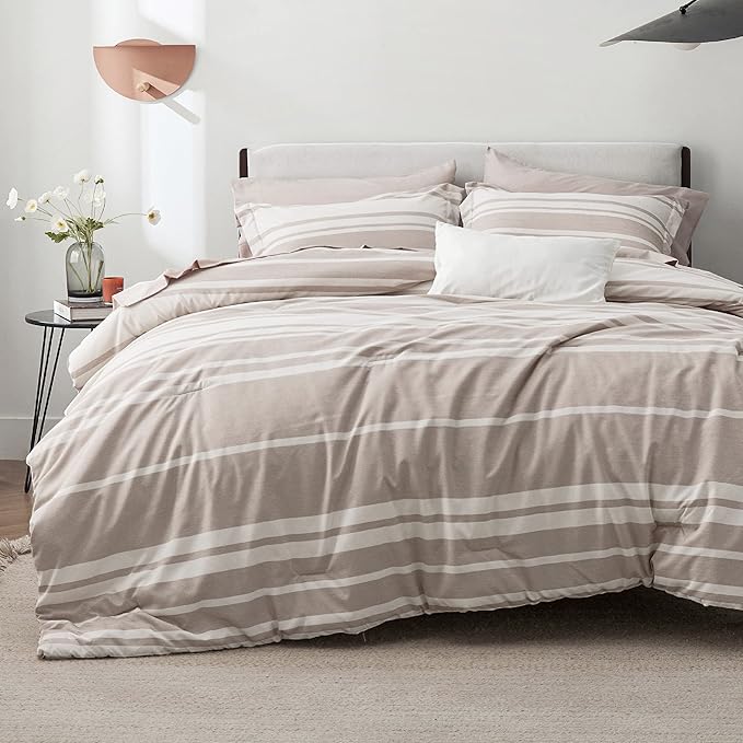 Bedsure Bed in a Bag Queen Size 7 Pieces, Light Camel White Striped Bedding Comforter Sets All Season Bed Set Khaki, 2 Pillow Shams, Flat Sheet, Fitted Sheet and 2 Pillowcases