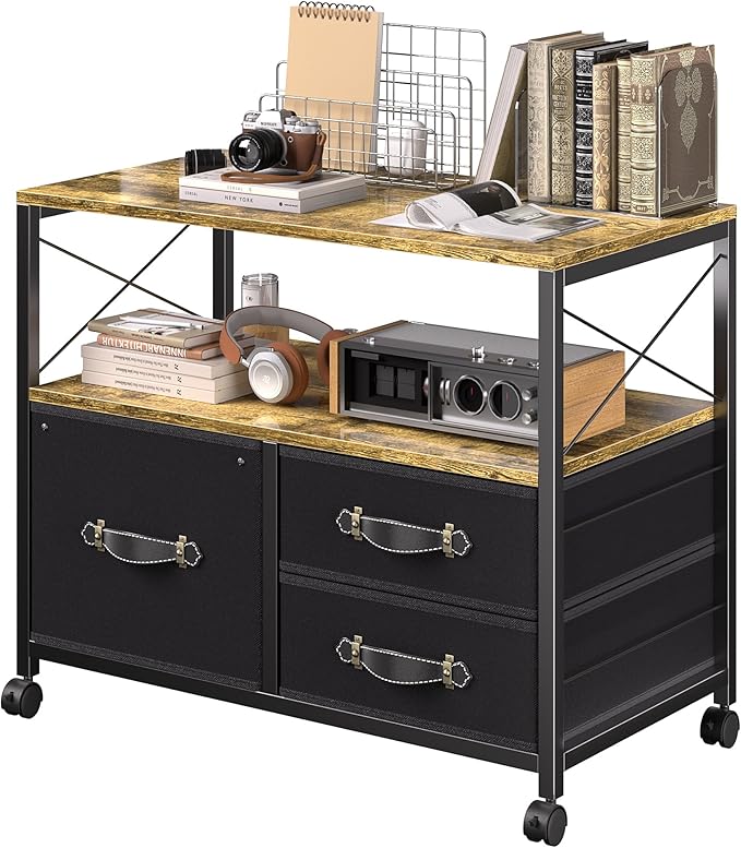 VECELO Mobile File Cabinet, Rolling Printer Stand with Open Shelf Fabric Lateral Storage Station for Home Office, Adapts Letter Size Hanging Folders, Brown, 3 Drawer