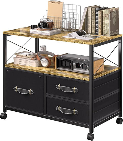VECELO Mobile File Cabinet, Rolling Printer Stand with Open Shelf Fabric Lateral Storage Station for Home Office, Adapts Letter Size Hanging Folders, Brown, 3 Drawer