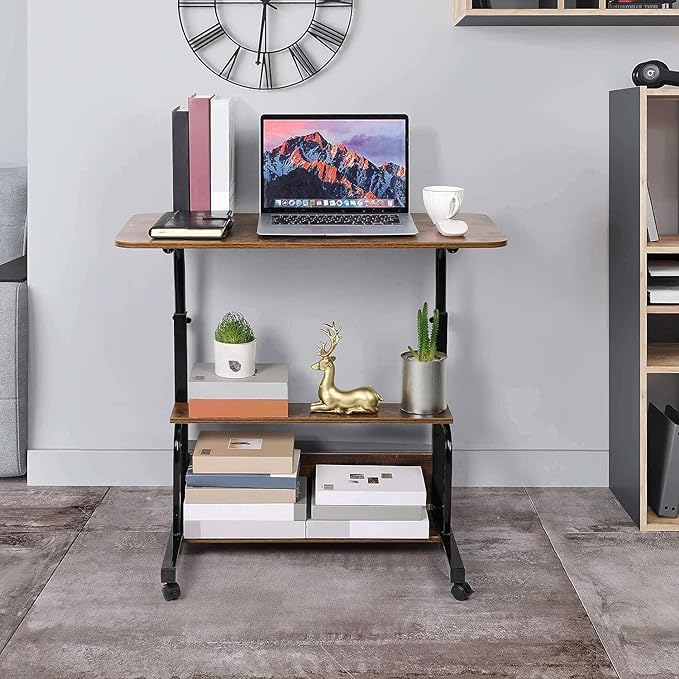 Adjustable Home Office Computer Desk Writing Desk with Storage Shelves Simple Style Workstation for Home Office Small Spaces Storage Table with Wheels Mobile Convenient Brownish, XY-1