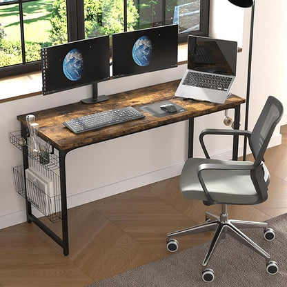 yoyomax Computer Desk, 55 Inch Home Office Desk, Wood Simple Style Student Writing Desk, Study PC Table with Storage Basket and Headphone Hooks, Rustic Brown