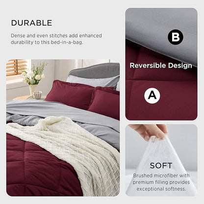 Bedsure Burgundy Full Size Comforter Set - 7 Pieces Reversible Full Bed in a Bag Full Bed Set with Comforters, Sheets, Pillowcases & Shams, Full Bedding Sets