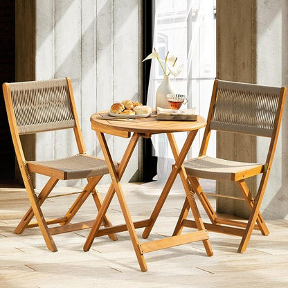 Heavy Duty 400lbs Capacity Patio Bistro Set 3 Piece Outdoor, Folding Chairs with Elegant, Wood Rope Design - Beige
