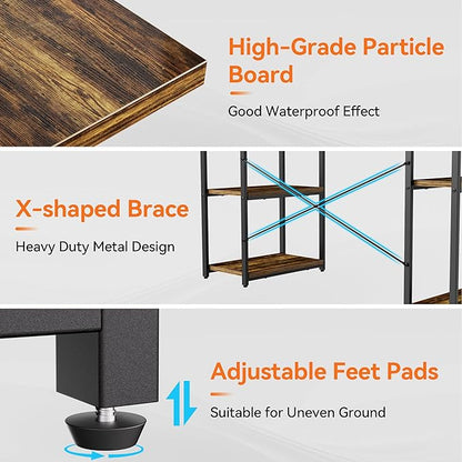 63-Inch Industrial Home Office Desk with Bookshelf, Gaming Computer Desk with Monitor Stand and Printer Shelf for Study, Writing, PC Work