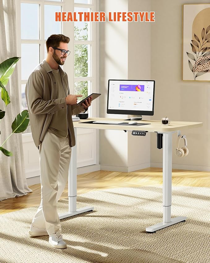 Electric Standing Desk Adjustable Height Stand Up Desk, 48" x 24" Sit Stand Desk, Low Noise Home Office Desk, Computer Desk with Splice Board, Child Lock & Memory Function, Maple