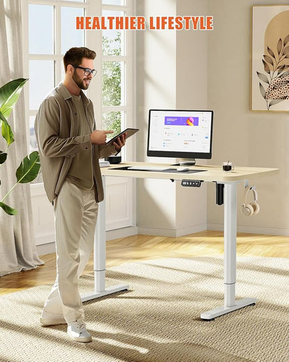 Electric Standing Desk Adjustable Height Stand Up Desk, 48" x 24" Sit Stand Desk, Low Noise Home Office Desk, Computer Desk with Splice Board, Child Lock & Memory Function, Maple