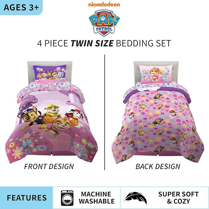 Paw Patrol Girls Kids Bedding Super Soft Comforter and Sheet Set, (4 Piece) Twin Size, (Official) Nickelodeon Product By Franco