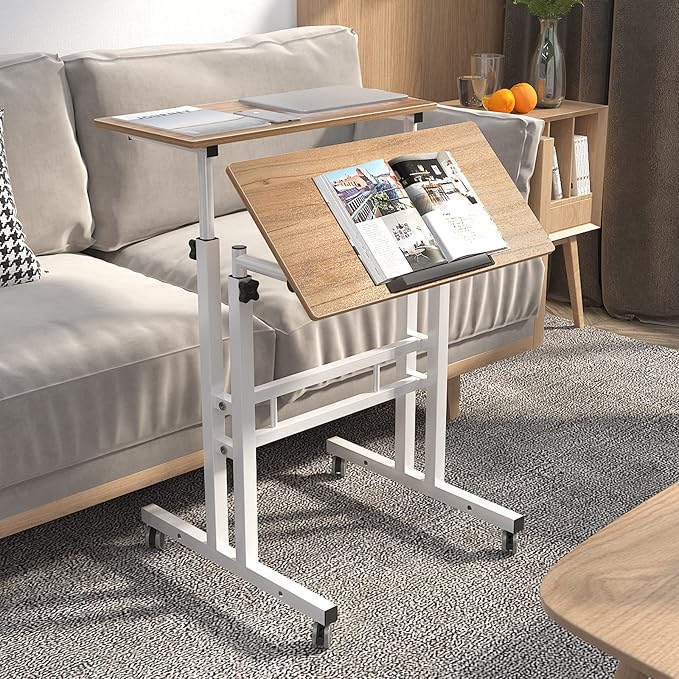 DlandHome Mobile Standing Desk Stand Up Desk Rolling Desk, Stand Sit Desk Mobile Computer Desk Adjustable Standing Desk 23.6inches Table Workstation Mobile Desk Cart Tray Oak