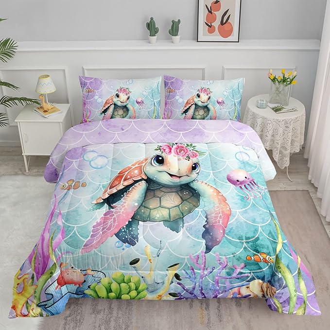 Datura home Kids Comforter Set Mermaid Scale Turtle Printed Pattern Bedding Set with 1 Comforter and 2 Pillowcases for Girls Boys Bedroom All Season(Turtle Twin)