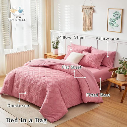 7 Pieces Tufted Bed in a Bag King Comforter Set with Sheets Pink, Soft and Embroidery Shabby Chic Boho Bohemian, Luxury Solid Color with Diamond Pattern, Jacquard Tufts Bedding Set for All Season