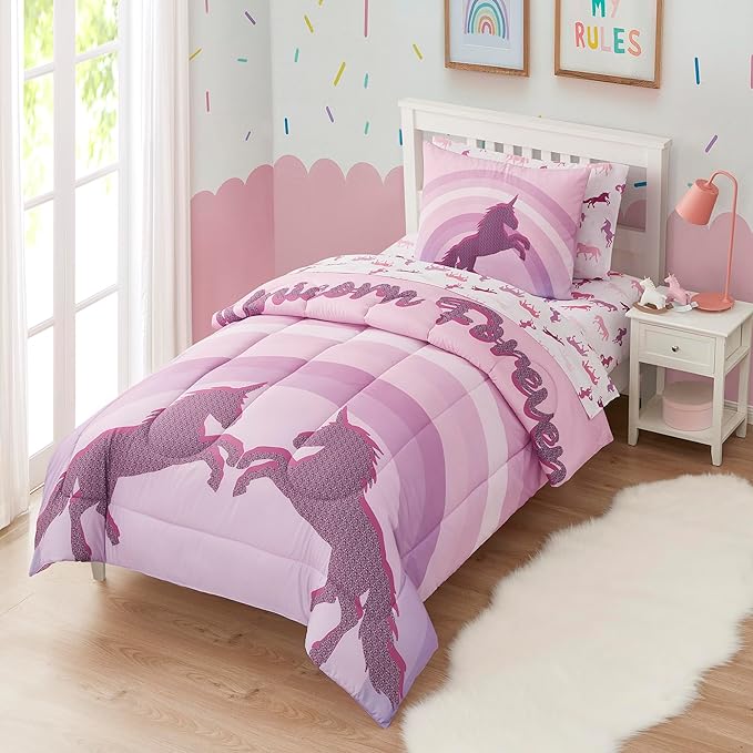 Kids Bedding Set Bed in a Bag for Boys and Girls Toddlers Printed Sheet Set and Comforter, Twin, Unicorn Forever