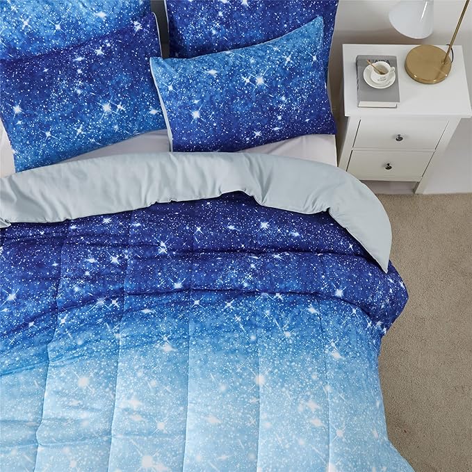 Blue Glitter Comforter Set Twin Size for Boys Girls, Sparkle Galaxy Twinkle Starlight Comforter for Kids Teen, 2 Piece Aqua Blue Navy Ombre Bedding Set with 1 Pillow Case(Blue,Twin)