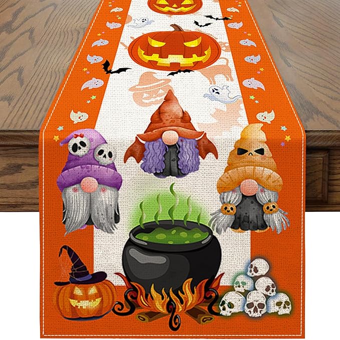 Halloween Table Runner, Halloween Table Runner 108 Inches Long, Halloween Gnomes Pumpkins Runners for Table, Black Cat Trick or Treat Decor Extra Long Burlap Runner Rug for Decorations Dining Room