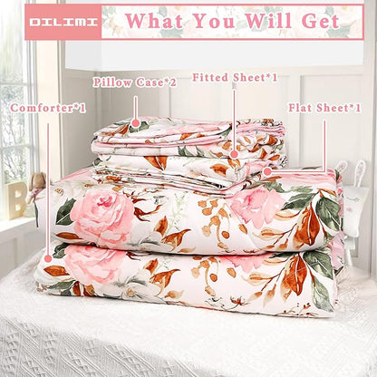 DILIMI Twin Comforter Set for Girls, Reversible Pink Floral Comforter Twin Size Bed, 5 Pieces Ultra Soft Twin Bedding Sets with Comforter, Flat Sheet, Fitted Sheet, 2 Pillowcase