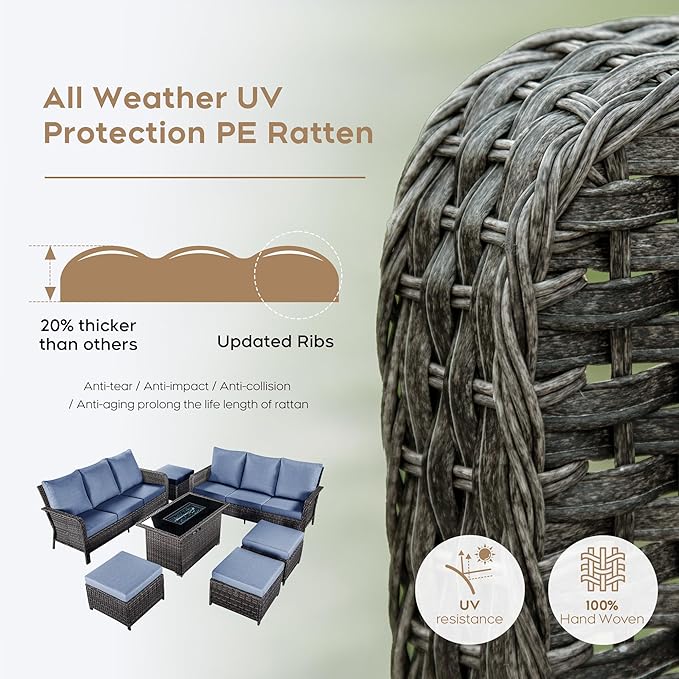 Yechen Patio Conversation Set 10 Seats with 44" Propane Gas Fire Pit Table - 7 Pcs Outdoor Wicker Furniture Set with Lid & Wind Shields - Sectional Sofa Set for Porch,Backyard