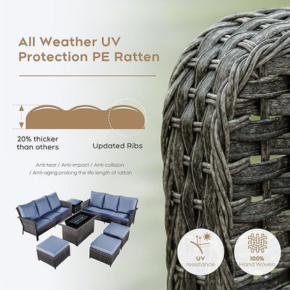 Yechen Patio Conversation Set 10 Seats with 44" Propane Gas Fire Pit Table - 7 Pcs Outdoor Wicker Furniture Set with Lid & Wind Shields - Sectional Sofa Set for Porch,Backyard