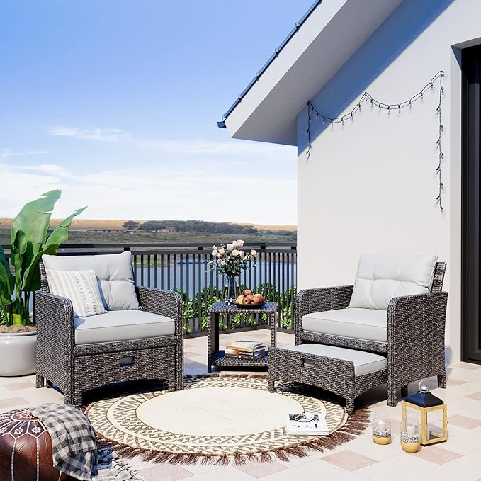 Pamapic 5 Pieces Wicker Patio Furniture Set Outdoor Patio Chairs with Ottomans Conversation Furniture with coffetable for Poorside Garden Balcony(Grey Cushion +Grey Rattan)…